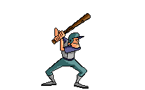 Animated cartoon baseball player earnestly swinging a bat.