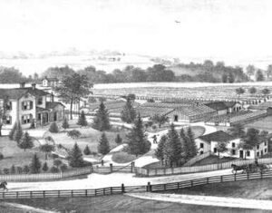 Vintage print of 1800s Croton Avenue, New Castle, Pennsylvania, oshowing the riginal location of Butz Flowers circa 1874
