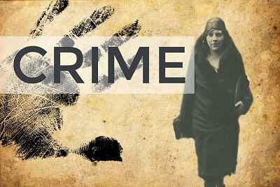 Vintage clothed woman with large black ink handprint in background and the words CRIME.