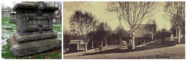 Falls family tombstone and old postcard photo of a section of Oak Park Cemetery in New Castle Pennsylvania.