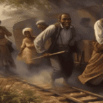 images of freedom seekers walking along railroad tracks as part of the underground railroad