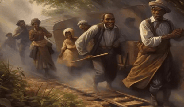 images of freedom seekers walking along railroad tracks as part of the underground railroad
