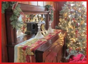 Buffet in historical society dining room with Victorian holiday decorations