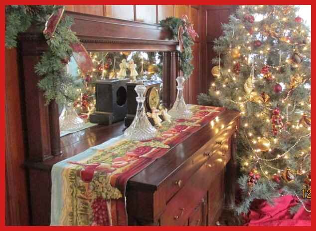 Buffet in historical society dining room with Victorian holiday decorations