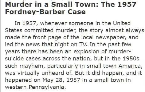 Newspaper headline "Murder in a Small Town: The 1957 Fordney-Barber case.