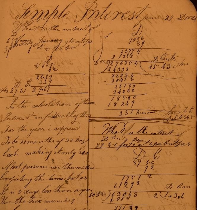 Page from Alexander Fullerton ledger circa 1820s showing simple interest calculations.