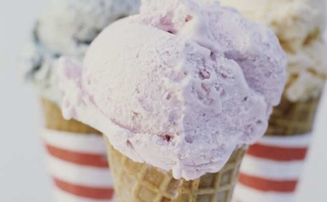 Ice cream in waffle cones.