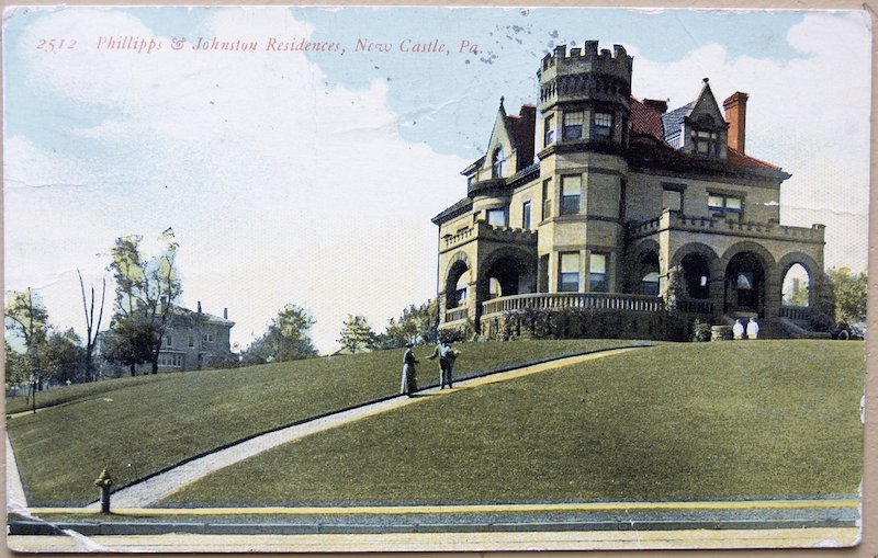 Home no longer exists. This is a vintage postcard of the Phillips residence, once located at 905 Highland Ave, New Castle, PA 16101. The home in the far left of the photo was built and resided in by Grace Phillips Johnson