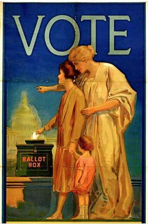 Woman, with daughter, placing ballot in box, female spirit behind her pointing to U.S. Capitol.