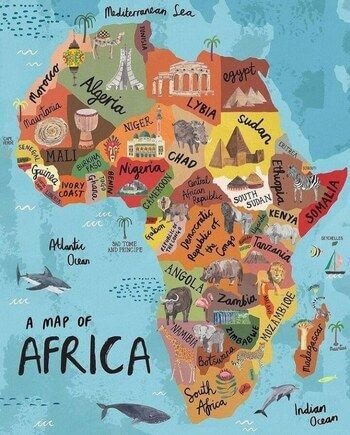 Colorful map of the continent ofAfrica showing each country name along with iconic images as well as the surrounding ocean.