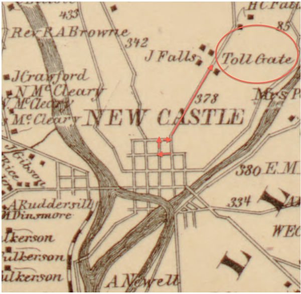 Vintage map showing location of the toll gate in New Castle Pennsylvania.