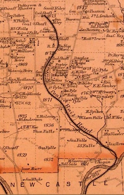 Vintage map showing location of the coal rail road through coal town and ending just north of Paper Mill Lane.