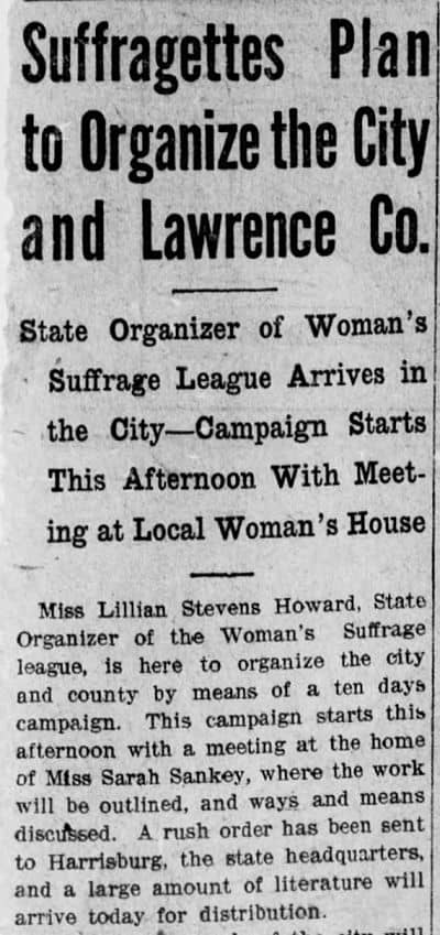 Newspaper headline about suffrage meeting at home of sarah sankey, new castle herald, july 21, 1914.