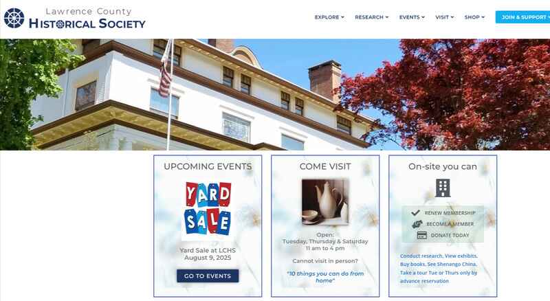 screenshot of lawrence county history society dot com site